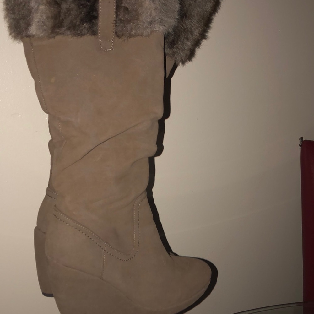 Beige knee high boots